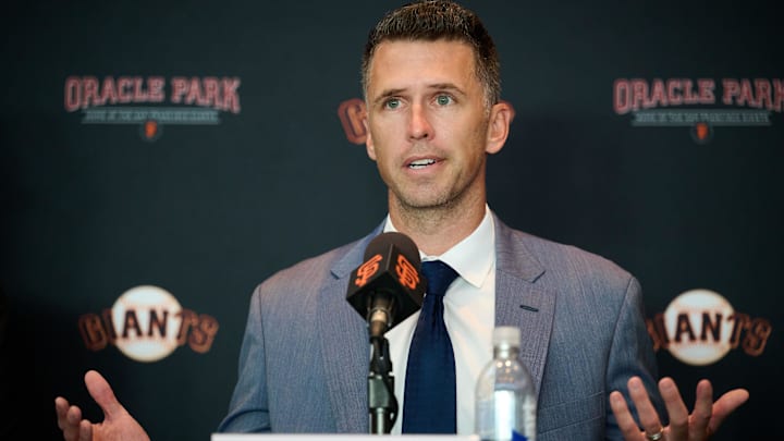 Oct 1, 2024; San Francisco, CA, USA; San Francisco Giants president of baseball operations Buster Posey addresses the media during an introductory press conference at Oracle Park. Mandatory Credit: Robert Edwards-Imagn Images Oct 1, 2024; San Francisco, CA, USA; San Francisco Giants president of baseball operations Buster Posey addresses the media during an introductory press conference at Oracle Park. Mandatory Credit: Robert Edwards-Imagn Images