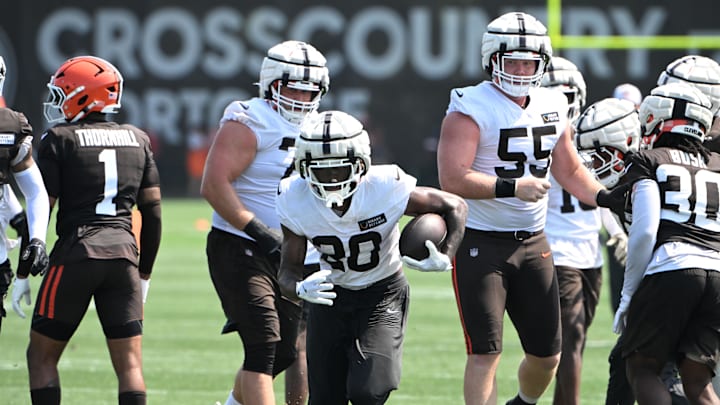 Aug 4, 2024; Cleveland Browns running back Pierre Strong Jr. (20) with the ball during practice at the Browns training facility in Berea, Ohio.