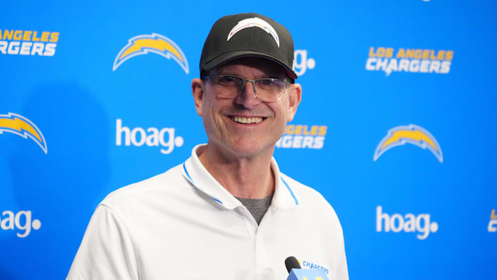 Apr 2, 2024; Costa Mesa, CA, USA; Los Angeles Chargers coach Jim Harbaugh speaks at press conference