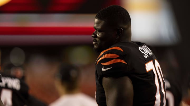 Aug 26, 2023; Landover, Maryland, USA;  Cincinnati Bengals offensive tackle D'Ante Smith (70) looks on in the fourth quarter of the NFL preseason week 3 game between the Cincinnati Bengals and the Washington Commanders at FedEx Field. Mandatory Credit: Albert Cesare-USA TODAY Sports