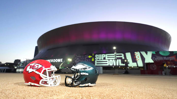 Feb 7, 2025; New Orleans, LA, USA; A general overall view of Kansas City Chiefs and Philadelphia Eagles helmets at the Caesars Superdome, the site of the Super Bowl LIX between the Kansas City Chiefs and the Philadelphia Eagles. Mandatory Credit: Kirby Lee-Imagn Images Feb 7, 2025; New Orleans, LA, USA; A general overall view of Kansas City Chiefs and Philadelphia Eagles helmets at the Caesars Superdome, the site of the Super Bowl LIX between the Kansas City Chiefs and the Philadelphia Eagles. Mandatory Credit: Kirby Lee-Imagn Images
