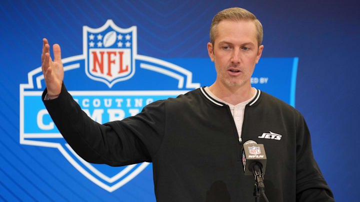 Feb 25, 2025; Indianapolis, IN, USA; New York Jets general manager Darren Mougey speaks during the NFL Scouting Combine at the Indiana Convention Center. Mandatory Credit: Kirby Lee-Imagn Images