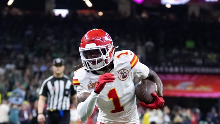 Feb 9, 2025; New Orleans, LA, USA;  Kansas City Chiefs wide receiver Xavier Worthy (1) against the Philadelphia Eagles in Super Bowl LIX at Ceasars Superdome. Mandatory Credit: Mark J. Rebilas-Imagn Images