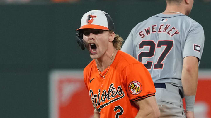 Baltimore Orioles shortstop Gunnar Henderson (2) reacts after driving in two runs in the ninth inning against the Detroit Tigers at Oriole Park at Camden Yards in 2024. Baltimore Orioles shortstop Gunnar Henderson (2) reacts after driving in two runs in the ninth inning against the Detroit Tigers at Oriole Park at Camden Yards in 2024.