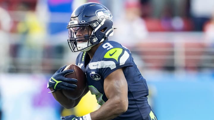 Feb 8, 2026; Santa Clara, CA, USA; Seattle Seahawks running back Kenneth Walker III (9) runs against the New England Patriots during the second quarter in Super Bowl LX at Levi's Stadium. Mandatory Credit: Mark J. Rebilas-Imagn Images