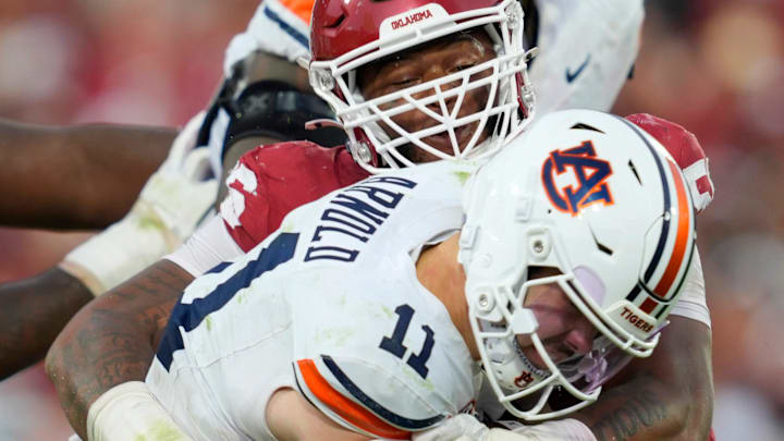 Oklahoma Sooners defensive lineman Gracen Halton (56) sacks Auburn Tigers quarterback Jackson Arnold (11) during a college football game between the University of Oklahoma Sooners (OU) and the Auburn Tigers at Gaylord Family Ð Oklahoma Memorial Stadium in Norman, Okla., Saturday,Sept. 20, 2025. Oklahoma won 24-17.