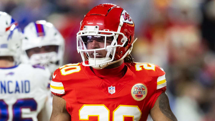 Jan 26, 2025; Kansas City, MO, USA; Kansas City Chiefs safety Justin Reid (20) against the Buffalo Bills in the AFC Championship game at GEHA Field at Arrowhead Stadium. Mandatory Credit: Mark J. Rebilas-Imagn Images