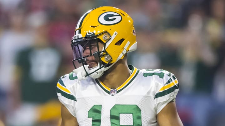 Oct 28, 2021; Glendale, Arizona, USA; Green Bay Packers wide receiver Equanimeous St. Brown (19) against the Arizona Cardinals at State Farm Stadium. Mandatory Credit: Mark J. Rebilas-Imagn Images