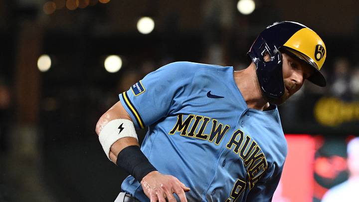 Sep 20, 2026; Baltimore, Maryland, USA;  Milwaukee Brewers first baseman Jake Bauers (9) rounds the bases on a single by shortstop Cooper Pratt (not pictured) during the second inning against the Baltimore Orioles at Oriole Park at Camden Yards.  Mandatory Credit: James A. Pittman-Imagn Images