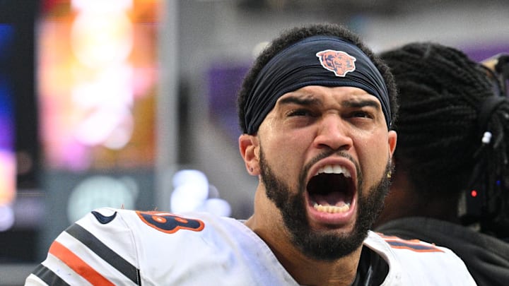 Nov 16, 2025; Minneapolis, Minnesota, USA; Chicago Bears quarterback Caleb Williams (18) reacts after defeating the Minnesota Vikings at U.S. Bank Stadium. Mandatory Credit: Jeffrey Becker-Imagn Images