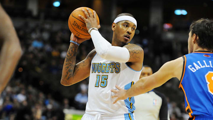 Nov 16, 2010; Denver, CO, USA;  Denver Nuggets small forward Carmelo Anthony (15) during the first quarter against the New York Knicks at the Pepsi Center. Mandatory Credit: Ron Chenoy-Imagn Images