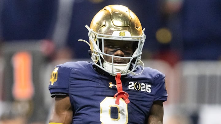 Jan 20, 2025; Atlanta, GA, USA; Notre Dame Fighting Irish safety Adon Shuler (8) against the Ohio State Buckeyes during the CFP National Championship college football game at Mercedes-Benz Stadium. Jan 20, 2025; Atlanta, GA, USA; Notre Dame Fighting Irish safety Adon Shuler (8) against the Ohio State Buckeyes during the CFP National Championship college football game at Mercedes-Benz Stadium.