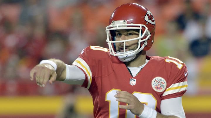 Aug 21, 2015; Kansas City, MO, USA; Kansas City Chiefs quarterback Chase Daniel (10) throws a pass during the second half against the Seattle Seahawks at Arrowhead Stadium. The Chiefs won 14-13. Mandatory Credit: Denny Medley-Imagn Images