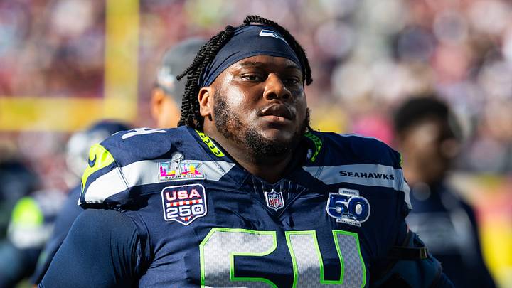 Seattle Seahawks guard Christian Haynes (64) against the New England Patriots during Super Bowl LX at Levi's Stadium. Seattle Seahawks guard Christian Haynes (64) against the New England Patriots during Super Bowl LX at Levi's Stadium.