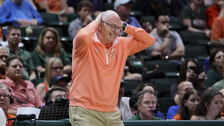 Jan 27, 2024; Coral Gables, Florida, USA; Miami Hurricanes head coach Jim Larranaga reacts against the Pittsburgh Panthers during the second half at Watsco Center. Mandatory Credit: Sam Navarro-Imagn Images