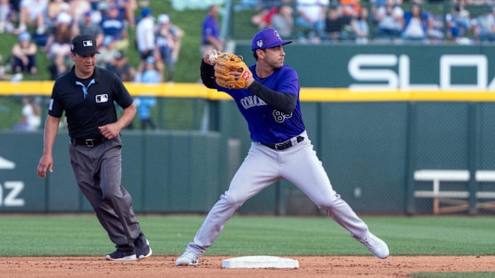 Mar 9, 2024; Mesa, Arizona, USA; Colorado Rockies infielder Coco Montes (85) makes the throw to first base against the Chicago Cubs in the ninth inning during a spring training game at Sloan Park. Mar 9, 2024; Mesa, Arizona, USA; Colorado Rockies infielder Coco Montes (85) makes the throw to first base against the Chicago Cubs in the ninth inning during a spring training game at Sloan Park.