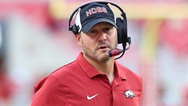 Arkansas Razorbacks head coach Ryan Silverfield looks on during the fourth quarter against the North Alabama Lions at Donald W. Reynolds Razorback Stadium. Arkansas won 31-14. Arkansas Razorbacks head coach Ryan Silverfield looks on during the fourth quarter against the North Alabama Lions at Donald W. Reynolds Razorback Stadium. Arkansas won 31-14.