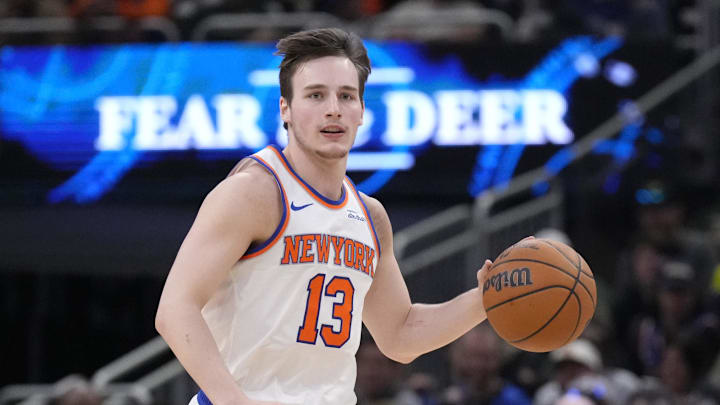 Mar 28, 2025; Milwaukee, Wisconsin, USA; New York Knicks guard Tyler Kolek (13) brings the ball up the court against the Milwaukee Bucks in the second half at Fiserv Forum. Mandatory Credit: Michael McLoone-Imagn Images Mar 28, 2025; Milwaukee, Wisconsin, USA; New York Knicks guard Tyler Kolek (13) brings the ball up the court against the Milwaukee Bucks in the second half at Fiserv Forum. Mandatory Credit: Michael McLoone-Imagn Images