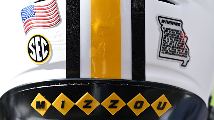 Oct 5, 2024; College Station, Texas, USA; A detail view of a Missouri Tigers helmet on the side line in the first quarter against the Texas A&M Aggies at Kyle Field. Mandatory Credit: Maria Lysaker-Imagn Images. Oct 5, 2024; College Station, Texas, USA; A detail view of a Missouri Tigers helmet on the side line in the first quarter against the Texas A&M Aggies at Kyle Field. Mandatory Credit: Maria Lysaker-Imagn Images.