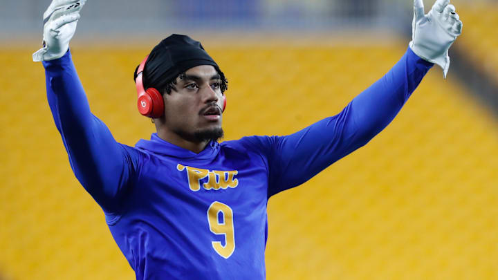 Nov 16, 2023; Pittsburgh, Pennsylvania, USA; Pittsburgh Panthers defensive back A.J. Woods (9) warms up before the game against the Boston College Eagles at Acrisure Stadium. Mandatory Credit: Charles LeClaire-Imagn Images Nov 16, 2023; Pittsburgh, Pennsylvania, USA; Pittsburgh Panthers defensive back A.J. Woods (9) warms up before the game against the Boston College Eagles at Acrisure Stadium. Mandatory Credit: Charles LeClaire-Imagn Images