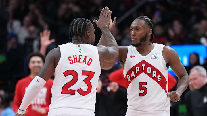 Feb 24, 2026; Toronto, Ontario, CAN; Toronto Raptors guard Immanuel Quickley (5) celebrates after scoring with guard Jamal Shead (23) against the Oklahoma City Thunder during the fourth quarter at Scotiabank Arena. Mandatory Credit: Nick Turchiaro-Imagn Images Feb 24, 2026; Toronto, Ontario, CAN; Toronto Raptors guard Immanuel Quickley (5) celebrates after scoring with guard Jamal Shead (23) against the Oklahoma City Thunder during the fourth quarter at Scotiabank Arena. Mandatory Credit: Nick Turchiaro-Imagn Images
