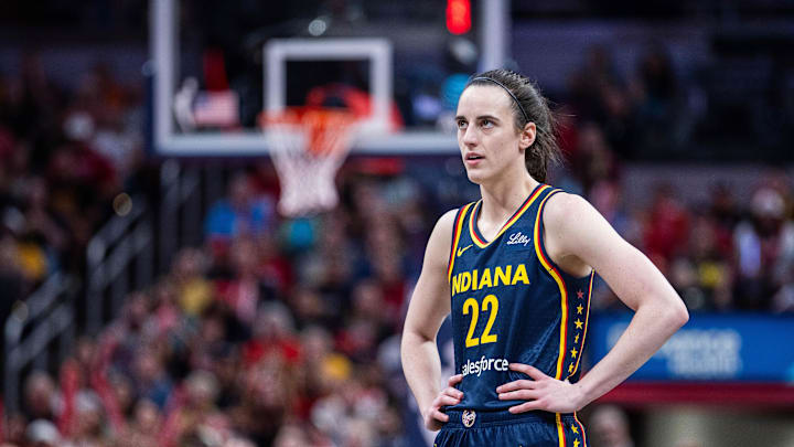 Jun 14, 2025; Indianapolis, Indiana, USA; Indiana Fever guard Caitlin Clark (22) in the second half against the New York Liberty at Gainbridge Fieldhouse. Mandatory Credit: Trevor Ruszkowski-Imagn Images