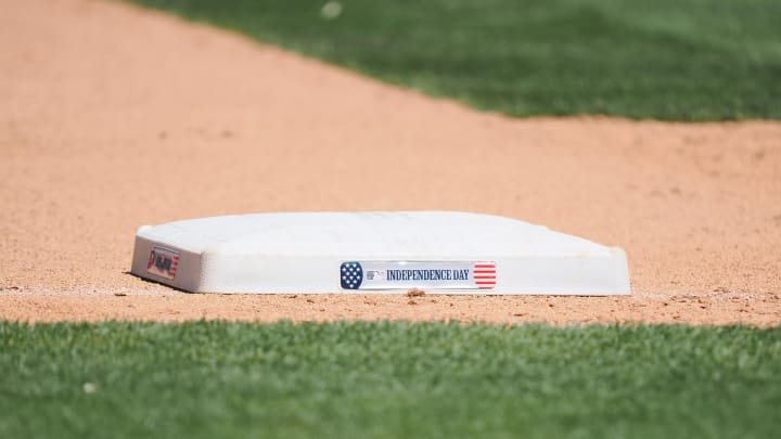 Jul 4, 2024; Oakland, California, USA; The third base with an “Independence Day” logo during the seventh inning between the Oakland Athletics and Los Angeles Angels at Oakland-Alameda County Coliseum. Mandatory Credit: Kelley L Cox-USA TODAY Sports