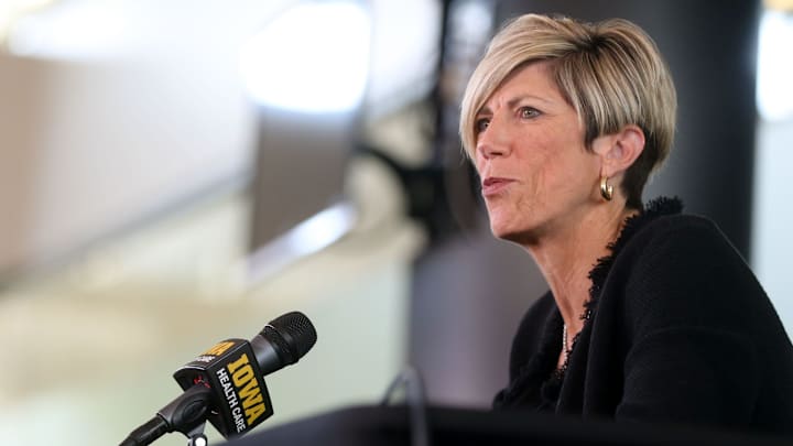Iowa women’s basketball head coach Jan Jensen speaks with reporters during the team’s media day Thursday, Oct. 10, 2024 at Carver-Hawkeye Arena Iowa City, Iowa.