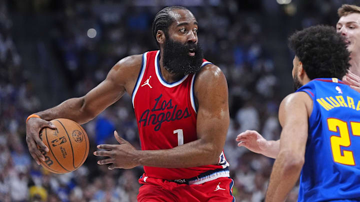 May 3, 2025; Denver, Colorado, USA; LA Clippers guard James Harden (1) prepares to pass the ball in the second quarter against the Denver Nuggets during game seven of first round for the 2025 NBA Playoffs at Ball Arena. Mandatory Credit: Ron Chenoy-Imagn Images May 3, 2025; Denver, Colorado, USA; LA Clippers guard James Harden (1) prepares to pass the ball in the second quarter against the Denver Nuggets during game seven of first round for the 2025 NBA Playoffs at Ball Arena. Mandatory Credit: Ron Chenoy-Imagn Images