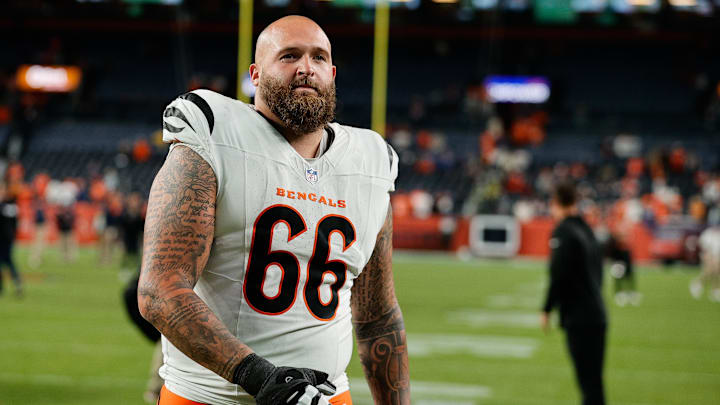 Sep 29, 2025; Denver, Colorado, USA; Cincinnati Bengals guard Dalton Risner (66) looks on after the game against the Denver Broncos at Empower Field at Mile High. Mandatory Credit: Isaiah J. Downing-Imagn Images Sep 29, 2025; Denver, Colorado, USA; Cincinnati Bengals guard Dalton Risner (66) looks on after the game against the Denver Broncos at Empower Field at Mile High. Mandatory Credit: Isaiah J. Downing-Imagn Images