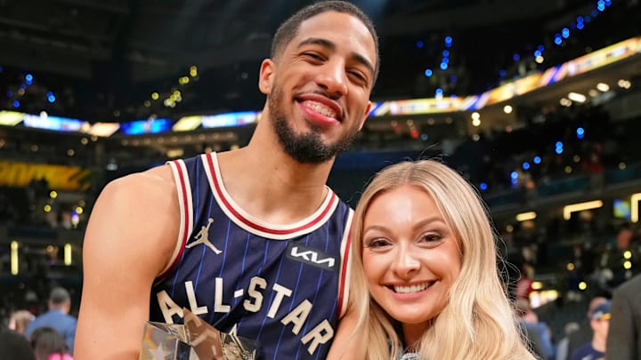 Feb 18, 2024; Indianapolis, Indiana, USA; Eastern Conference guard Tyrese Haliburton (0) of the Indiana Pacers and girlfriend Jade Jones after the 73rd NBA All Star game at Gainbridge Fieldhouse. 