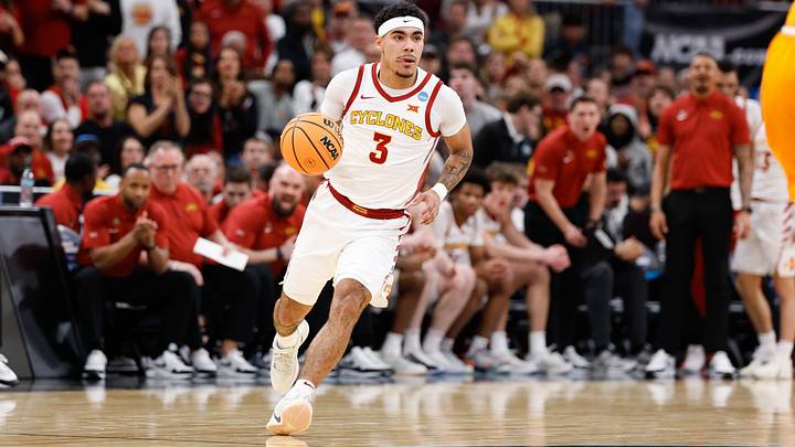Mar 27, 2026; Chicago, IL, USA; Iowa State Cyclones guard Tamin Lipsey (3) controls the ball in the first half against the Tennessee Volunteers during a Sweet Sixteen game of the Midwest Regional of the men's 2026 NCAA Tournament at United Center. Mandatory Credit: Kamil Krzaczynski-Imagn Images