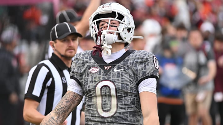 Nov 22, 2025; Blacksburg, Virginia, USA; Virginia Tech Hokies wide receiver Ayden Greene (0) celebrates after making a catch during the fourth quarter against the Miami (FL) Hurricanes at Lane Stadium. Mandatory Credit: Brian Bishop-Imagn Images Nov 22, 2025; Blacksburg, Virginia, USA; Virginia Tech Hokies wide receiver Ayden Greene (0) celebrates after making a catch during the fourth quarter against the Miami (FL) Hurricanes at Lane Stadium. Mandatory Credit: Brian Bishop-Imagn Images