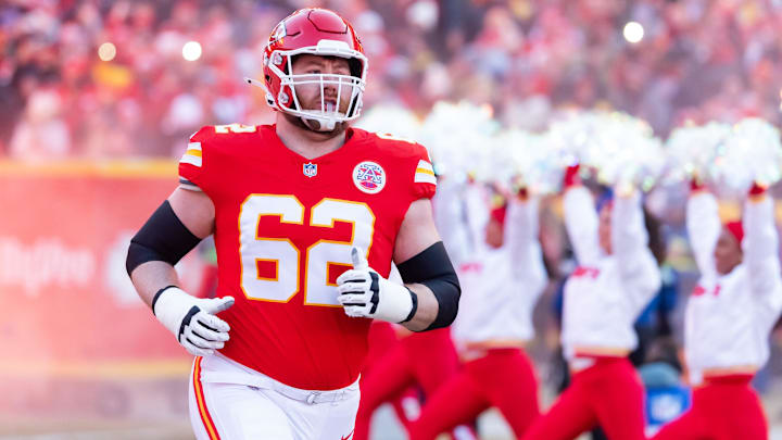 Jan 26, 2025; Kansas City, MO, USA; Kansas City Chiefs guard Joe Thuney (62) against the Buffalo Bills in the AFC Championship game at GEHA Field at Arrowhead Stadium. Mandatory Credit: Mark J. Rebilas-Imagn Images
