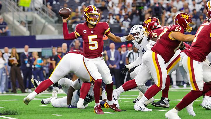 Sep 20, 2026; Arlington, Texas, USA; Washington Commanders quarterback Jayden Daniels (5) throws during the game against the Dallas Cowboys at AT&T Stadium. Mandatory Credit: Kevin Jairaj-Imagn Images Sep 20, 2026; Arlington, Texas, USA; Washington Commanders quarterback Jayden Daniels (5) throws during the game against the Dallas Cowboys at AT&T Stadium. Mandatory Credit: Kevin Jairaj-Imagn Images