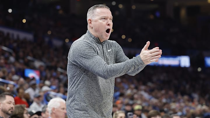 Mar 10, 2025; Oklahoma City, Oklahoma, USA; Denver Nuggets head coach Michael Malone gestures to his team during a play against the Oklahoma City Thunder during the second quarter at Paycom Center. Mandatory Credit: Alonzo Adams-Imagn Images