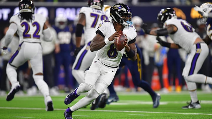 Jackson and the Baltimore Ravens took a 14-13 lead into halftime against the Los Angeles Chargers.
