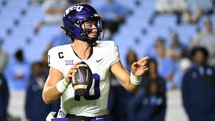Sep 1, 2025; Chapel Hill, North Carolina, USA; TCU Horned Frogs quarterback Josh Hoover (10) looks to pass in the fourth quarter at Kenan Stadium. Mandatory Credit: Bob Donnan-Imagn Images Sep 1, 2025; Chapel Hill, North Carolina, USA; TCU Horned Frogs quarterback Josh Hoover (10) looks to pass in the fourth quarter at Kenan Stadium. Mandatory Credit: Bob Donnan-Imagn Images