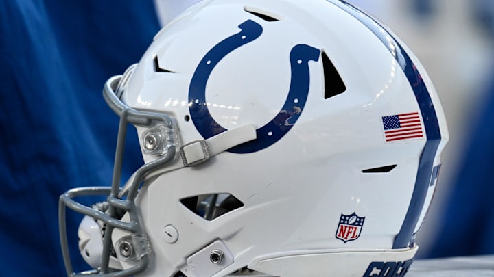 Dec 1, 2024; Foxborough, Massachusetts, USA; An Indianapolis Colts helmet sits on an equipment case during the first half against the New England Patriots at Gillette Stadium. Mandatory Credit: Eric Canha-Imagn Images Dec 1, 2024; Foxborough, Massachusetts, USA; An Indianapolis Colts helmet sits on an equipment case during the first half against the New England Patriots at Gillette Stadium. Mandatory Credit: Eric Canha-Imagn Images