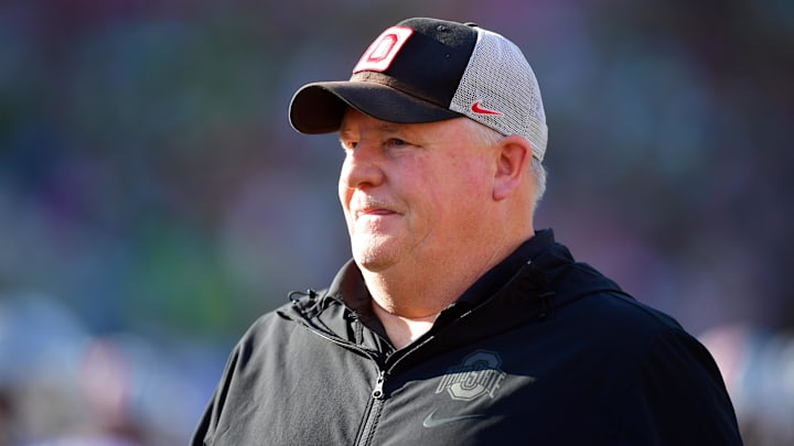 Jan 1, 2025; Pasadena, CA, USA;  Ohio State Buckeyes offensive coordinator Chip Kelly looks on before the 2025 Rose Bowl college football quarterfinal game against the Oregon Ducks at Rose Bowl Stadium. Mandatory Credit: Gary A. Vasquez-Imagn Images