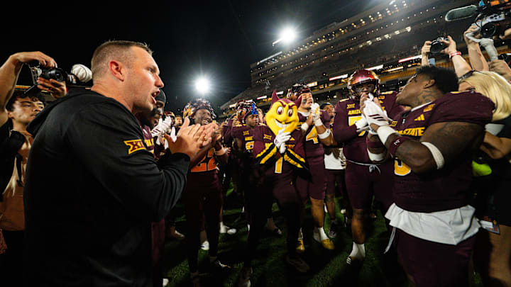 Sep 13, 2025; Tempe, Arizona, USA; Arizona State Sun Devils running back Raleek Brown (3)  and Arizona State Sun Devils head coach Kenny Dillingham lead the fight song after the game between Arizona State Sun Devils and Texas State Bobcats. Mandatory Credit: Arianna Grainey-Imagn Images