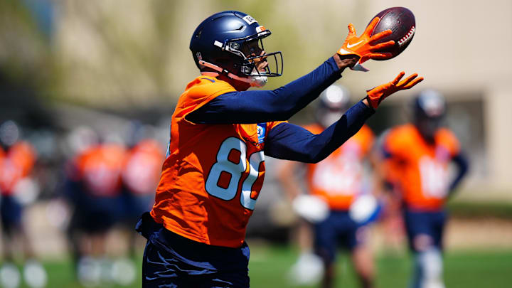 May 10, 2025; Englewood, CO, USA; Denver Broncos wide receiver Joaquin Davis (80) during rookie minicamp at Broncos Park Powered by CommonSpirit. Mandatory Credit: Ron Chenoy-Imagn Images