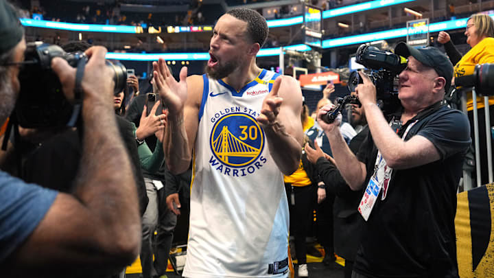 Apr 26, 2025; San Francisco, California, USA; Golden State Warriors guard Stephen Curry (30) celebrates after defeating the Houston Rockets after game three of first round for the 2024 NBA Playoffs at Chase Center. Mandatory Credit: Darren Yamashita-Imagn Images