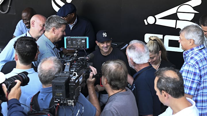 Aug 28, 2025; Chicago, Illinois, USA; New York Yankees manager Aaron Boone speaks tot he media before the team’s game against the Chicago White Sox at Rate Field. Mandatory Credit: Matt Marton-Imagn Images
