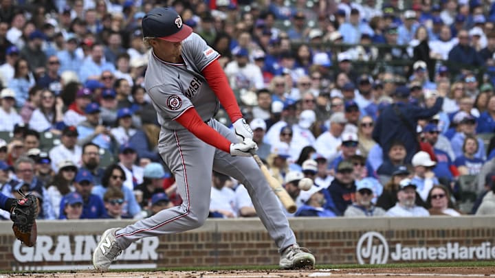 Mar 29, 2026; Chicago, Illinois, USA; Washington Nationals left fielder Joey Wiemer (21) hits a three-run home run during the first inning against the Chicago Cubs at Wrigley Field. Mandatory Credit: Matt Marton-Imagn Images Mar 29, 2026; Chicago, Illinois, USA; Washington Nationals left fielder Joey Wiemer (21) hits a three-run home run during the first inning against the Chicago Cubs at Wrigley Field. Mandatory Credit: Matt Marton-Imagn Images