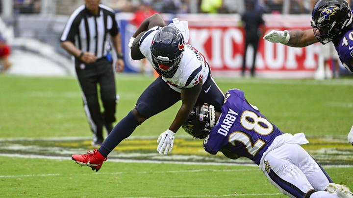 Sep 10, 2023; Baltimore, Maryland, USA; Baltimore Ravens cornerback Ronald Darby (28) tackles