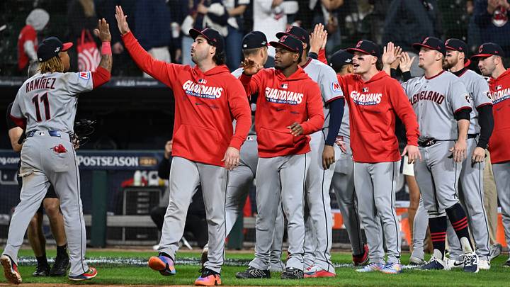 Oct 8, 2026; Chicago, Illinois, USA; Cleveland Guardians third baseman Jose Ramirez (11) and the rest of the Guardians celebrate after beating the Chicago White Sox in game four of the ALDS for the 2026 MLB playoffs at Rate Field. Mandatory Credit: Matt Marton-Imagn Images Oct 8, 2026; Chicago, Illinois, USA; Cleveland Guardians third baseman Jose Ramirez (11) and the rest of the Guardians celebrate after beating the Chicago White Sox in game four of the ALDS for the 2026 MLB playoffs at Rate Field. Mandatory Credit: Matt Marton-Imagn Images