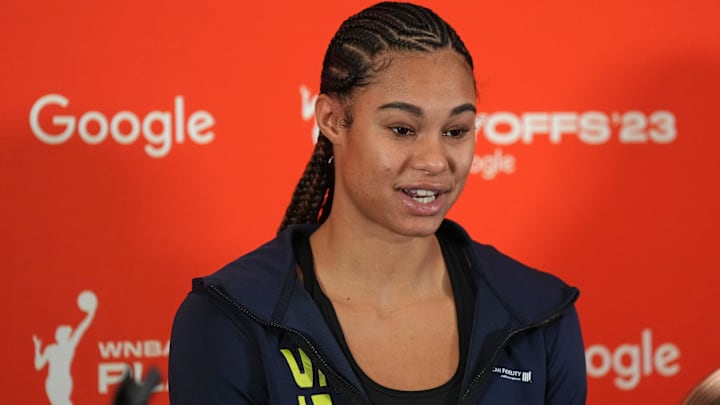 Dallas Wings forward Satou Sabally (0) speaks to the press before game one of the 2023 WNBA Playoffs at Michelob Ultra Arena. Dallas Wings forward Satou Sabally (0) speaks to the press before game one of the 2023 WNBA Playoffs at Michelob Ultra Arena.