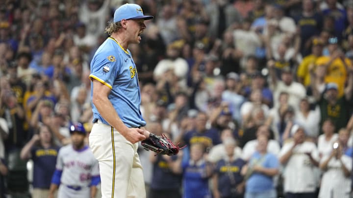 Aug 9, 2025; Milwaukee, Wisconsin, USA; Milwaukee Brewers pitcher Trevor Megill (29) celebrates a win over the New York Mets in the ninth innings at American Family Field. Mandatory Credit: Michael McLoone-Imagn Images