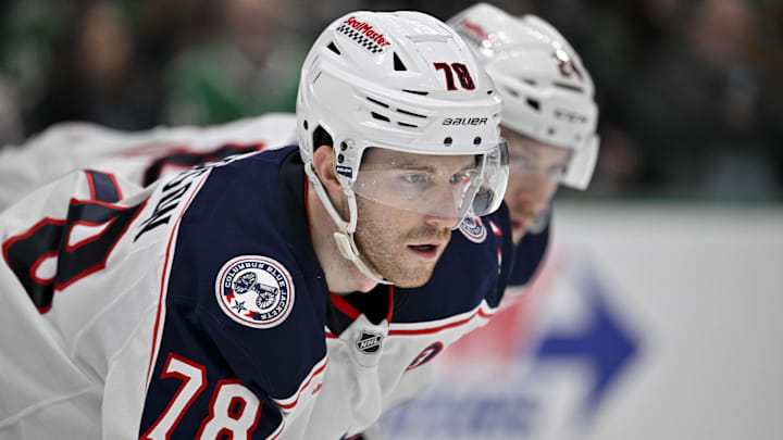 Feb 2, 2025; Dallas, Texas, USA; Columbus Blue Jackets defenseman Damon Severson (78) during the game between the Dallas Stars and the Columbus Blue Jackets at American Airlines Center. Mandatory Credit: Jerome Miron-Imagn Images